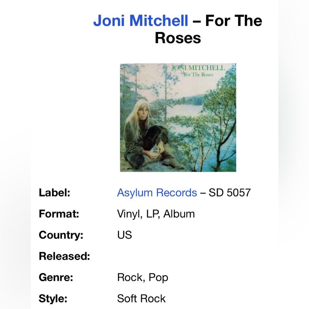 Vinyl Joni Mitchell for the roses 1972 💜 age 80 up for a Grammy this Sunday